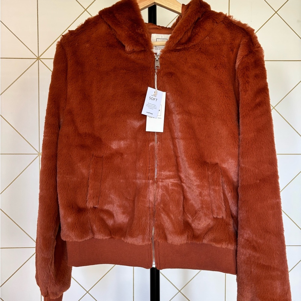 Reflex Eva Teddy Brown Faux Fur Zip Hoodie NWT